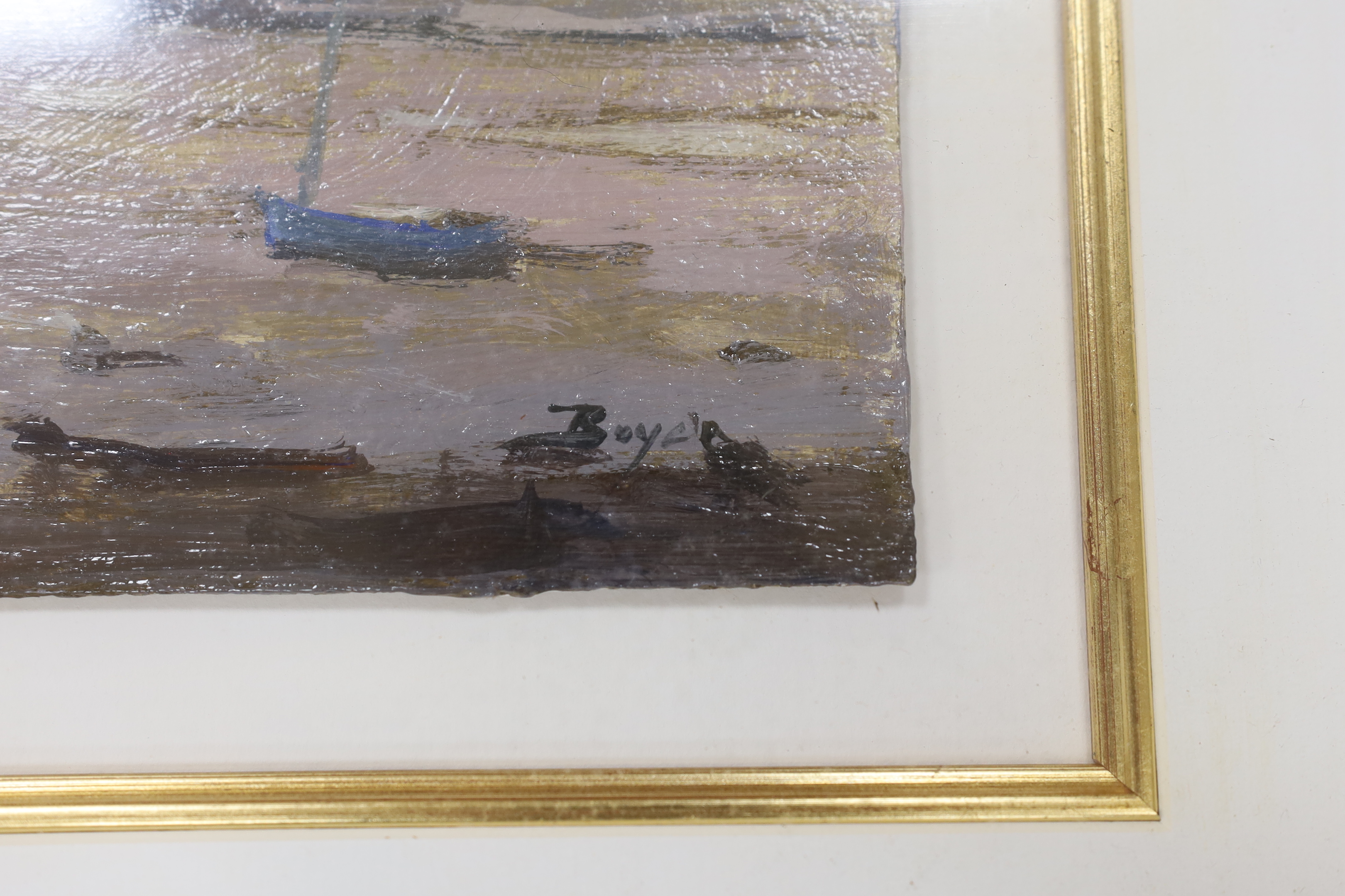 Boyd, Impressionist oil on board, Coastal view with boats, signed, 20 x 25cm